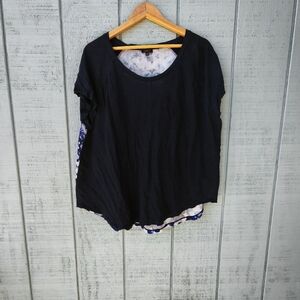 Talbots Linen Floral Mixed Media T-shirt sz 2XP Navy Blue Coastal Feminine